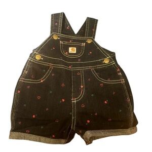 Carhartt Infant Printed Bib Shortall Sz 9MO Denim Multi Color Hearts Rolled Cuff